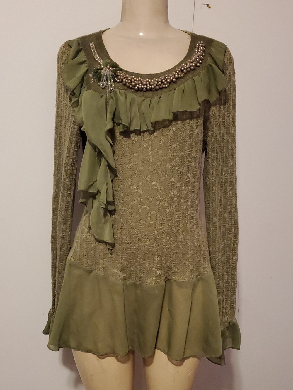Olive Green Beaded Ruffle Knit Blouse
